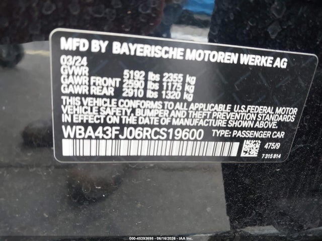 Aukcja sprzedaży 2024 Bmw 530i, vin: WBA43FJ06RCS19600, numer aukcji: 45393698
