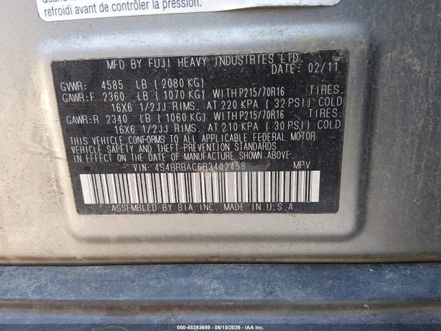 Aukcja sprzedaży 2011 Subaru Outback 2.5i, vin: 4S4BRBAC6B3402458, numer aukcji: 45393699