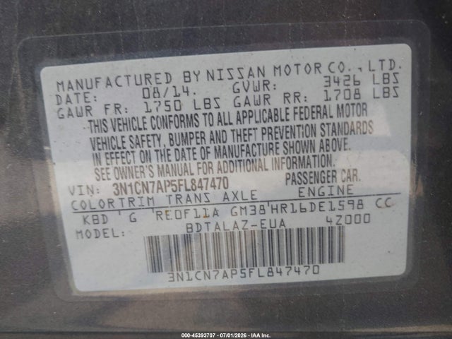 Nissan Versa 1.6 S+ 2015 3N1CN7AP5FL847470 Image 9