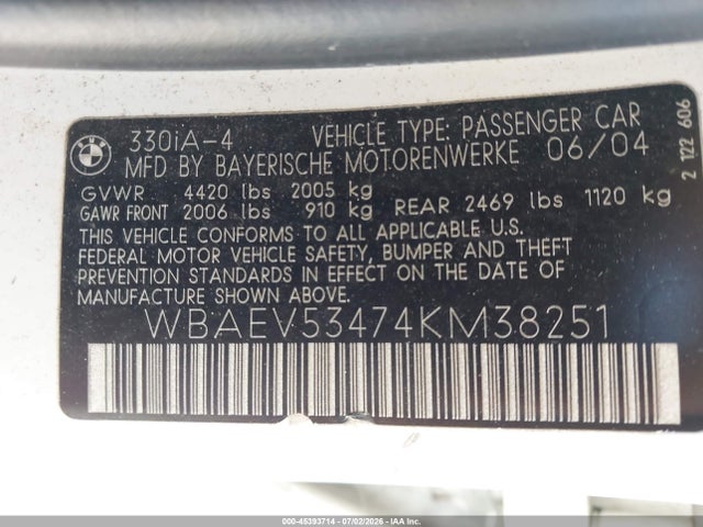 45393714 :رقم المزاد ، WBAEV53474KM38251 vin ، 2004 Bmw 330i مزاد بيع