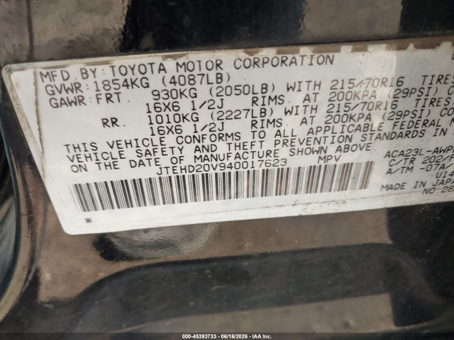 Aukcja sprzedaży 2004 Toyota Rav4, vin: JTEHD20V940017623, numer aukcji: 45393733