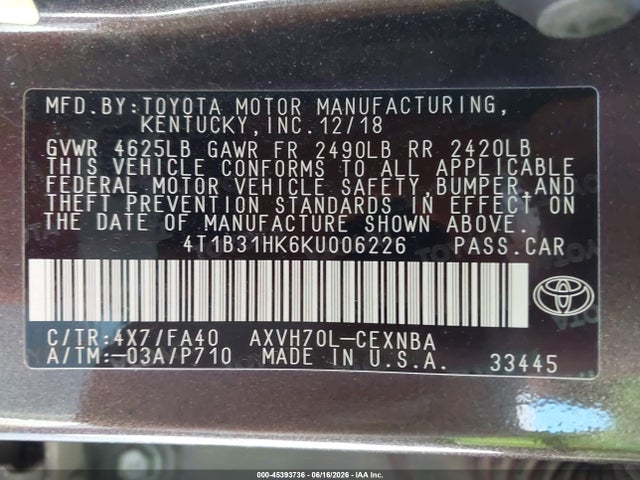 4T1B31HK6KU006226 Toyota Camry Hybrid Le