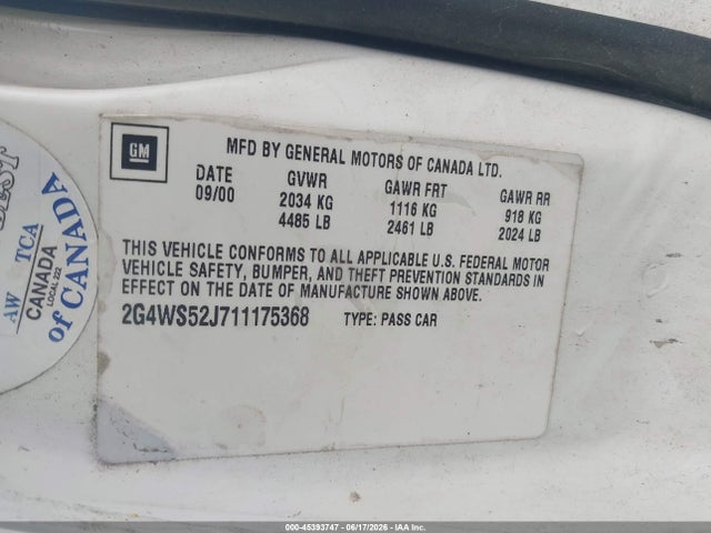 Aukcja sprzedaży 2001 Buick Century Custom, vin: 2G4WS52J711175368, numer aukcji: 45393747