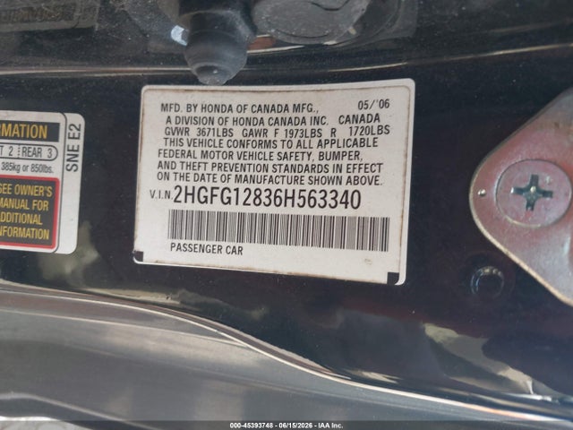 2006 Honda Civic Ex მანქანა იყიდება აუქციონზე, vin: 2HGFG12836H563340, აუქციონის ნომერი: 45393748