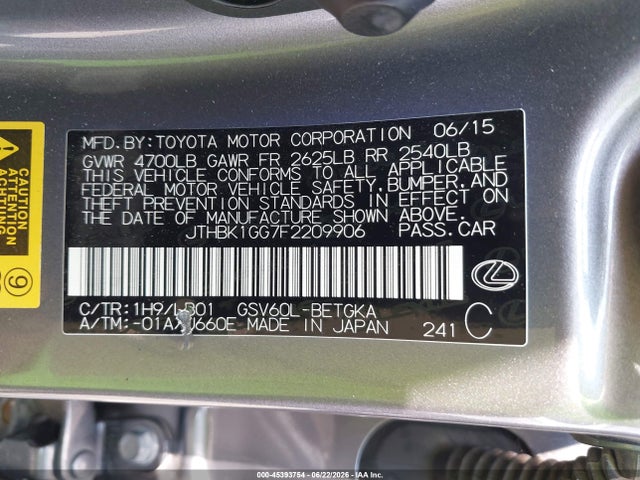 Продаж на аукціоні авто 2015 Lexus Es 350, vin: JTHBK1GG7F2209906, номер лоту: 45393754