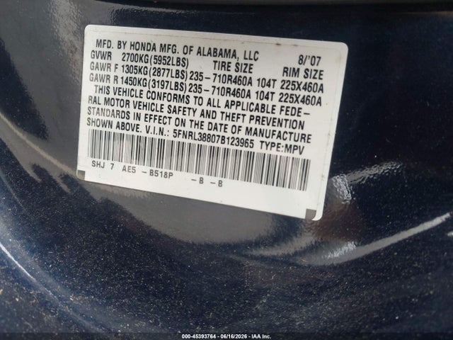 Aukcja sprzedaży 2007 Honda Odyssey Touring, vin: 5FNRL38807B123965, numer aukcji: 45393764
