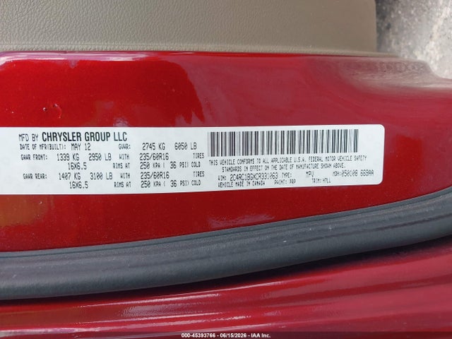 Продаж на аукціоні авто 2012 Chrysler Town & Country Touring, vin: 2C4RC1BGXCR331063, номер лоту: 45393766