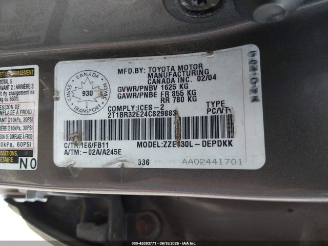 Aukcja sprzedaży 2004 Toyota Corolla Ce/le/sport, vin: 2T1BR32E24C829883, numer aukcji: 45393771