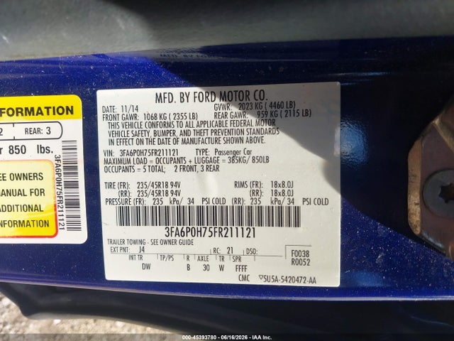 45393780 :رقم المزاد ، 3FA6P0H75FR211121 vin ، 2015 Ford Fusion Se مزاد بيع