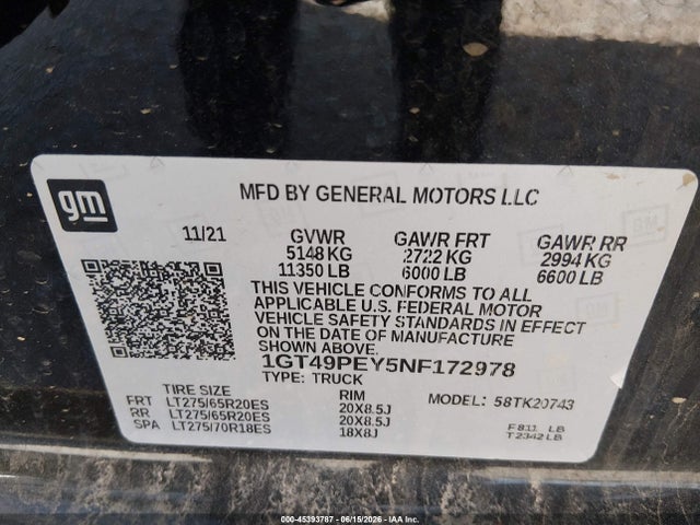 2022 Gmc Sierra 2500hd 4wd  Standard Bed At4 მანქანა იყიდება აუქციონზე, vin: 1GT49PEY5NF172978, აუქციონის ნომერი: 45393787