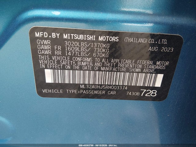 Продаж на аукціоні авто 2024 Mitsubishi Mirage Es, vin: ML32AUHJ5RH003374, номер лоту: 45393799