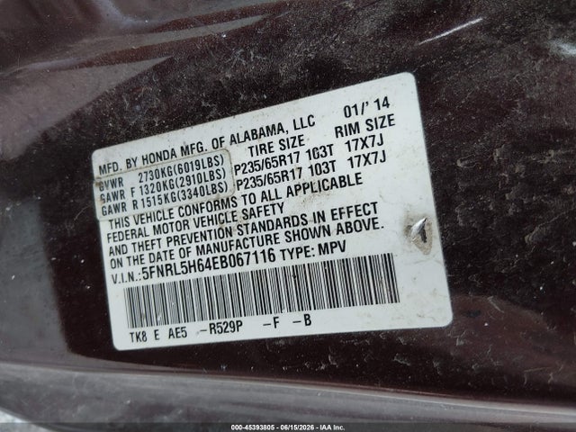 Продажа на аукционе авто 2014 Honda Odyssey Ex-l, vin: 5FNRL5H64EB067116, номер лота: 45393805