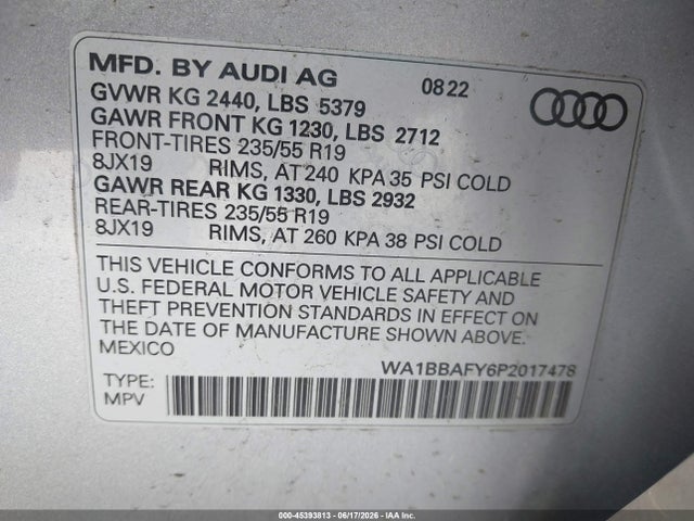 Aukcja sprzedaży 2023 Audi Q5 Premium Plus 40 Tfsi Quattro S Tronic, vin: WA1BBAFY6P2017478, numer aukcji: 45393813