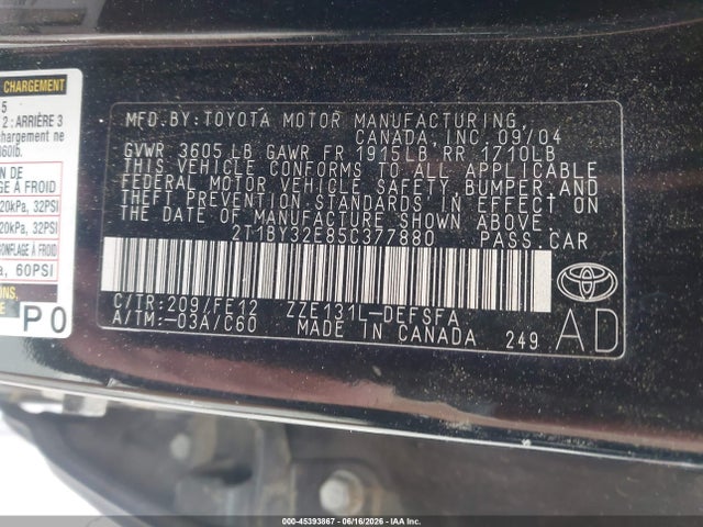 Aukcja sprzedaży 2005 Toyota Corolla Xrs, vin: 2T1BY32E85C377880, numer aukcji: 45393867