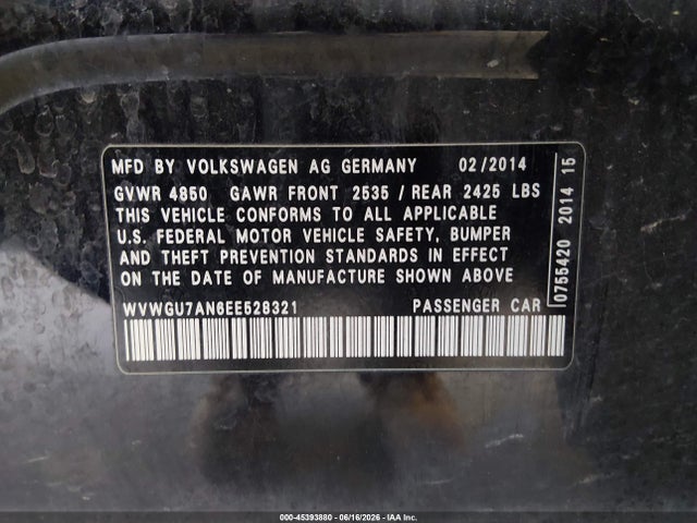 45393880 :رقم المزاد ، WVWGU7AN6EE528321 vin ، 2014 Volkswagen Cc 3.6l Vr6 Executive مزاد بيع