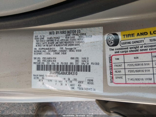 Продажа на аукционе авто 2010 Ford Fusion S, vin: 3FAHP0GA8AR384310, номер лота: 45393899