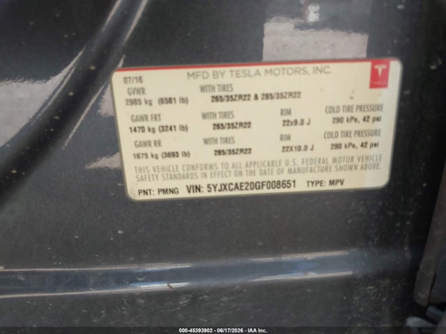 Продажа на аукционе авто 2016 Tesla Model X 60d/70d/75d/90d, vin: 5YJXCAE20GF008651, номер лота: 45393902