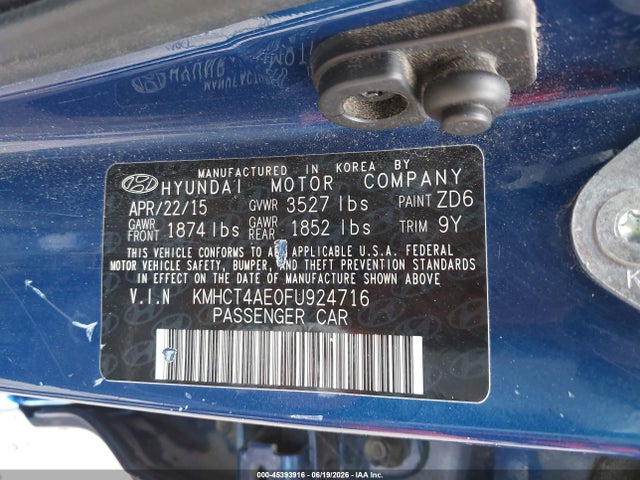 45393916 :رقم المزاد ، KMHCT4AE0FU924716 vin ، 2015 Hyundai Accent Gls مزاد بيع