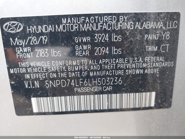 Продажа на аукционе авто 2020 Hyundai Elantra Se, vin: 5NPD74LF6LH503236, номер лота: 45393921