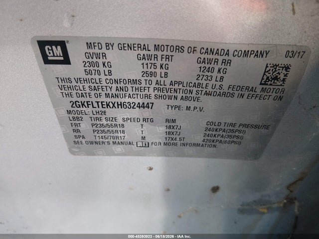 45393923 :رقم المزاد ، 2GKFLTEKXH6324447 vin ، 2017 Gmc Terrain Sle-2 مزاد بيع