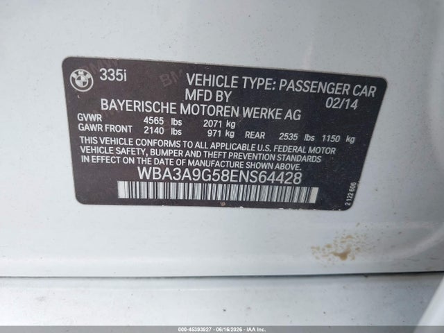 2014 Bmw 335i მანქანა იყიდება აუქციონზე, vin: WBA3A9G58ENS64428, აუქციონის ნომერი: 45393927