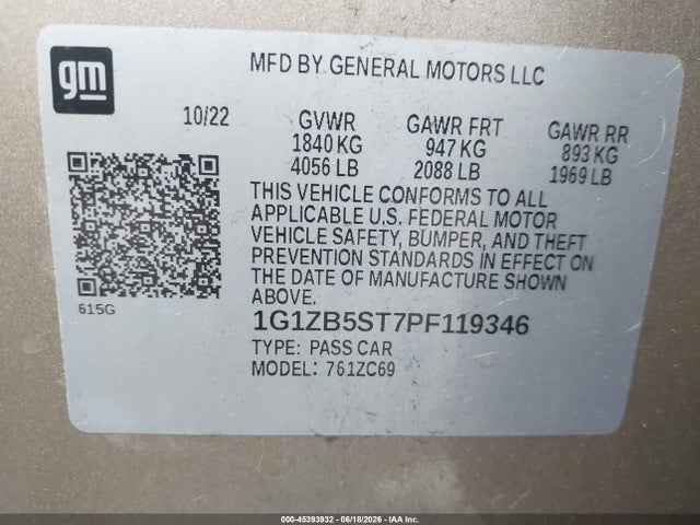 Aukcja sprzedaży 2023 Chevrolet Malibu Fwd Ls, vin: 1G1ZB5ST7PF119346, numer aukcji: 45393932