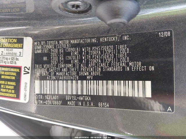 2009 Toyota Venza Base V6 მანქანა იყიდება აუქციონზე, vin: 4T3BK11A69U004028, აუქციონის ნომერი: 45393934