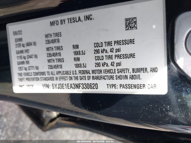 Продажа на аукционе авто 2022 Tesla Model 3 Rear-wheel Drive, vin: 5YJ3E1EA3NF330620, номер лота: 45393935