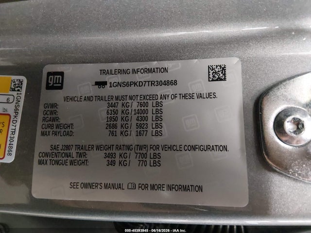 Aukcja sprzedaży 2026 Chevrolet Tahoe 4wd Z71, vin: 1GNS6PKD7TR304868, numer aukcji: 45393945