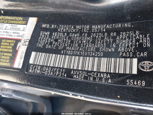 Продажа на аукционе авто 2014 Toyota Camry Hybrid Le, vin: 4T1BD1FK1EU134250, номер лота: 45393948