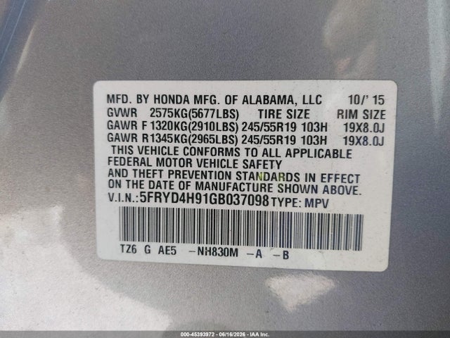 45393972 :رقم المزاد ، 5FRYD4H91GB037098 vin ، 2016 Acura Mdx Advance   Entertainment Packages/advance Package مزاد بيع