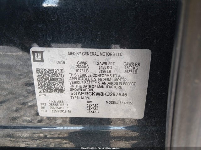 45393992 :رقم المزاد ، 5GAERCKW8KJ297645 vin ، 2019 Buick Enclave Fwd Premium مزاد بيع