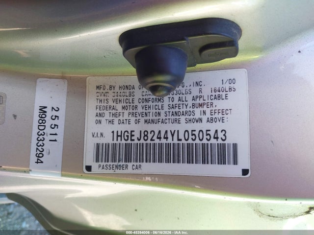 Продаж на аукціоні авто 2000 Honda Civic Ex, vin: 1HGEJ8244YL050543, номер лоту: 45394006