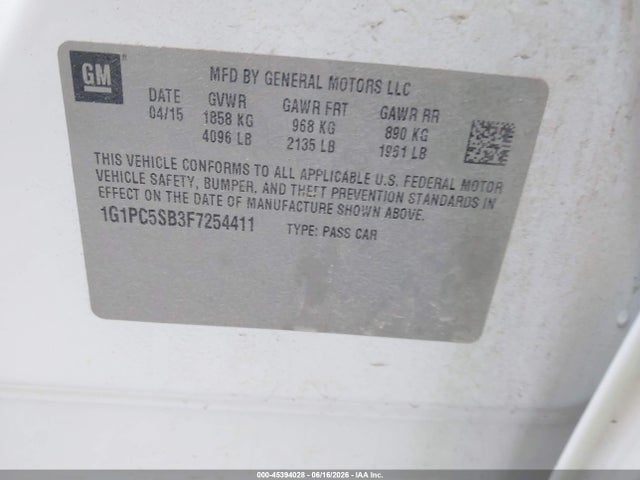 Aukcja sprzedaży 2015 Chevrolet Cruze 1lt Auto, vin: 1G1PC5SB3F7254411, numer aukcji: 45394028