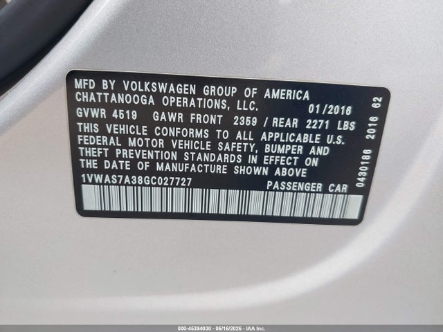 2016 Volkswagen Passat 1.8t S მანქანა იყიდება აუქციონზე, vin: 1VWAS7A38GC027727, აუქციონის ნომერი: 45394030