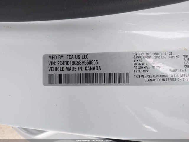 Продажа на аукционе авто 2025 Chrysler Pacifica Select, vin: 2C4RC1BG5SR560605, номер лота: 45394041