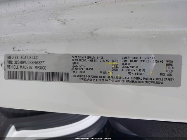 2025 Ram Promaster 3500 Cargo Van Tradesman High Roof 159 Wb Ext მანქანა იყიდება აუქციონზე, vin: 3C6MRVJG3SE563271, აუქციონის ნომერი: 45394043