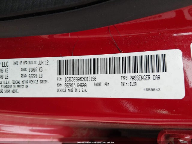 2012 Dodge Avenger R/t მანქანა იყიდება აუქციონზე, vin: 1C3CDZBG0CN313190, აუქციონის ნომერი: 45394048