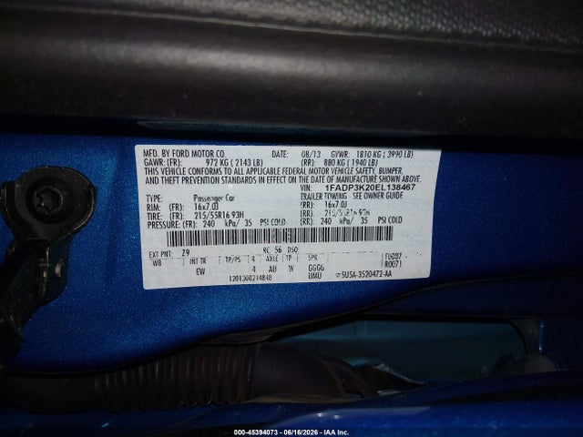 2014 Ford Focus Se მანქანა იყიდება აუქციონზე, vin: 1FADP3K20EL138467, აუქციონის ნომერი: 45394073