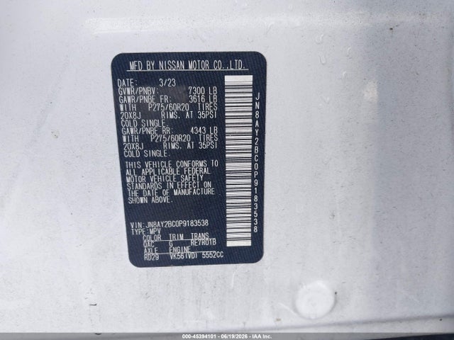JN8AY2BC0P9183538 Nissan Armada Sl 2wd