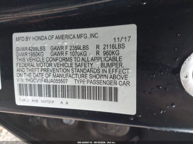 Honda ACCORD EX 2018 1HGCV1F49JA055607 Image 9