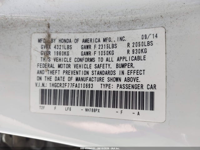 Honda ACCORD EX 2015 1HGCR2F77FA010693 Image 9