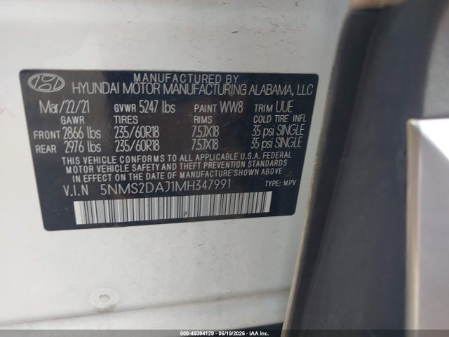 Auction sale of the 2021 Hyundai Santa Fe Sel, vin: 5NMS2DAJ1MH347991, lot number: 45394129
