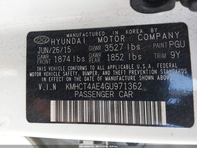 Aukcja sprzedaży 2016 Hyundai Accent Se, vin: KMHCT4AE4GU971362, numer aukcji: 45394133
