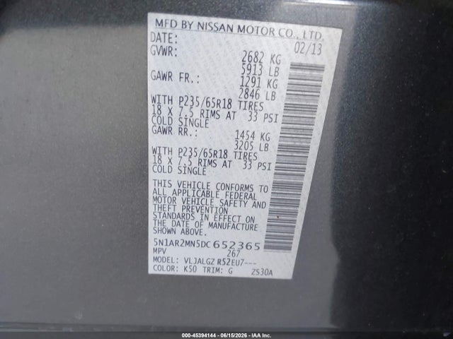 45394144 :رقم المزاد ، 5N1AR2MN5DC652365 vin ، 2013 Nissan Pathfinder Sl مزاد بيع
