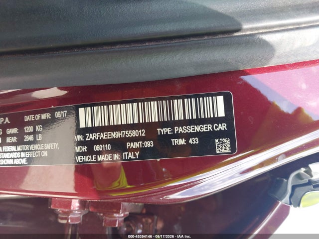 Продаж на аукціоні авто 2017 Alfa Romeo Giulia Ti Awd, vin: ZARFAEEN9H7558012, номер лоту: 45394146