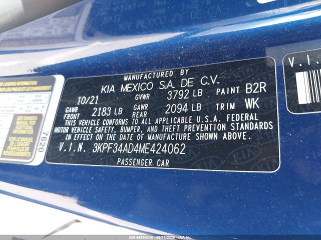 45394238 :رقم المزاد ، 3KPF34AD4ME424062 vin ، 2021 Kia Forte Gt-line مزاد بيع