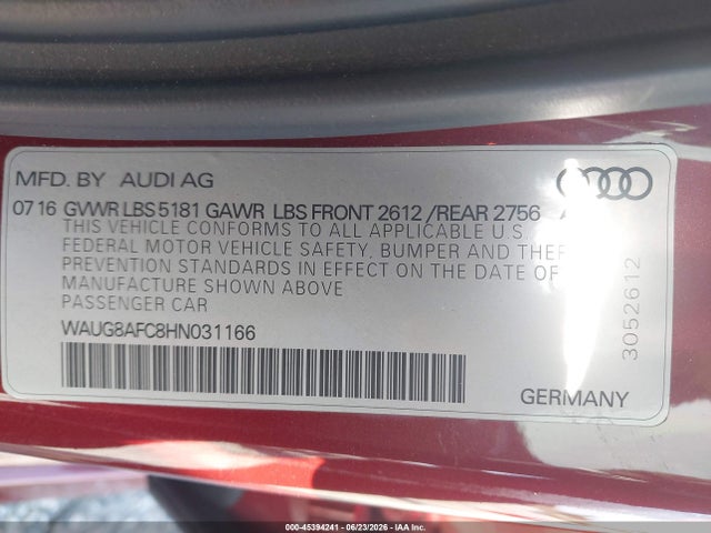 Aukcja sprzedaży 2017 Audi A6 Premium Plus, vin: WAUG8AFC8HN031166, numer aukcji: 45394241