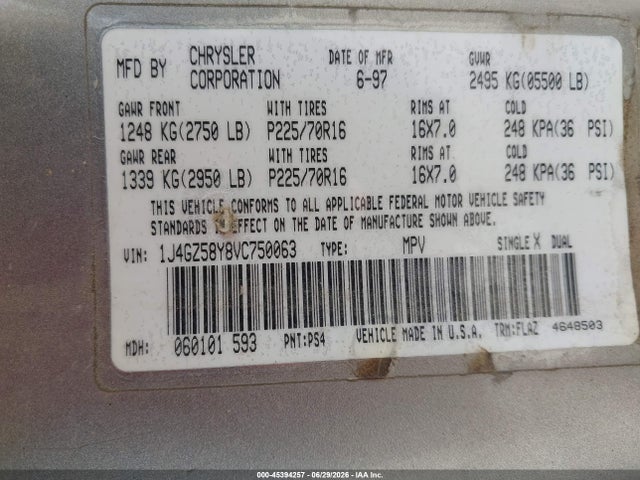 Продаж на аукціоні авто 1997 Jeep Grand Cherokee Laredo/tsi, vin: 1J4GZ58Y8VC750063, номер лоту: 45394257
