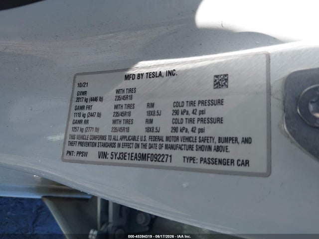 Aukcja sprzedaży 2021 Tesla Model 3 Standard Range Plus Rear-wheel Drive, vin: 5YJ3E1EA9MF092271, numer aukcji: 45394319